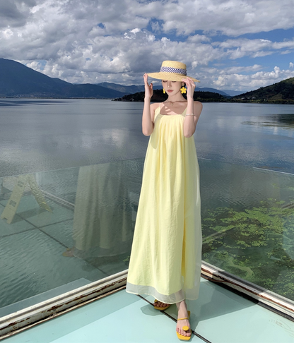 Vibrant Minimalist Yellow Flowy Square Neck Maxi Dress Tulle Overlay Loose Style Long Dress AP1136
