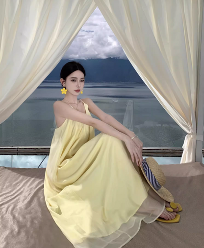 Vibrant Minimalist Yellow Flowy Square Neck Maxi Dress Tulle Overlay Loose Style Long Dress AP1136