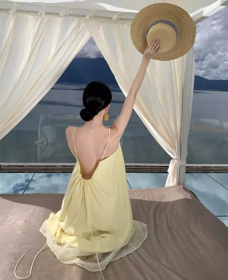 Vibrant Minimalist Yellow Flowy Square Neck Maxi Dress Tulle Overlay Loose Style Long Dress AP1136