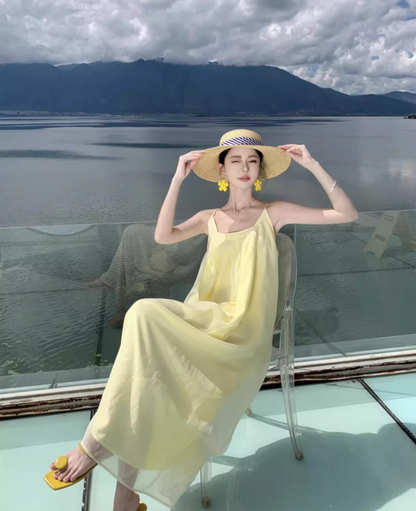 Vibrant Minimalist Yellow Flowy Square Neck Maxi Dress Tulle Overlay Loose Style Long Dress AP1136