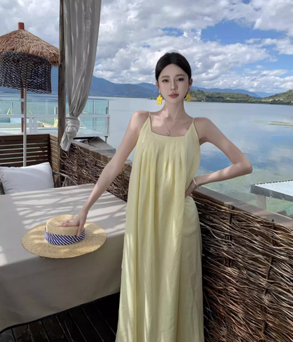 Vibrant Minimalist Yellow Flowy Square Neck Maxi Dress Tulle Overlay Loose Style Long Dress AP1136