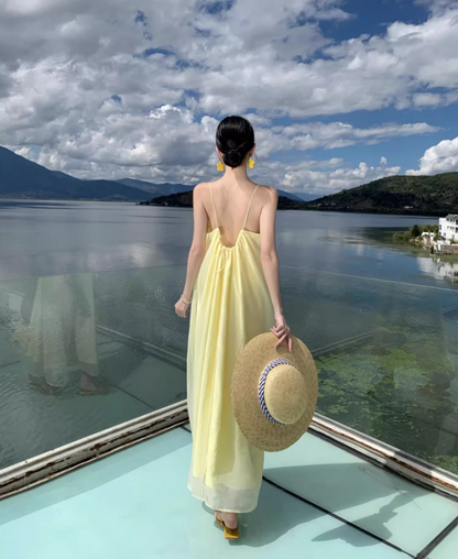 Vibrant Minimalist Yellow Flowy Square Neck Maxi Dress Tulle Overlay Loose Style Long Dress AP1136