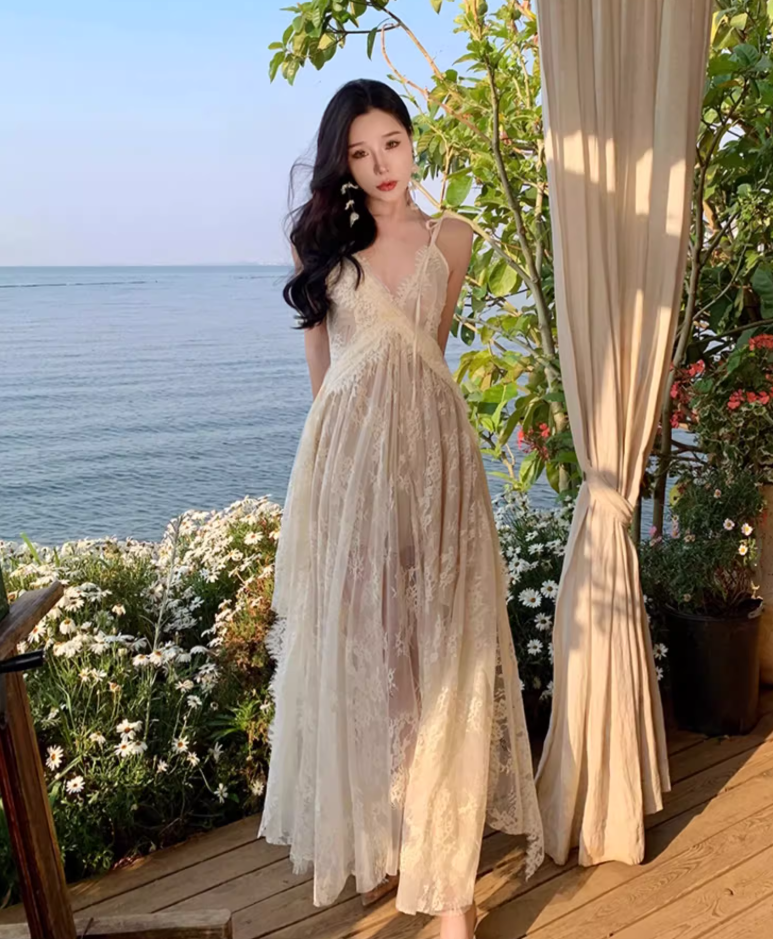 Ethereal Lace Splicing V Neck Maxi Dress Flowy Loose Style Ruffles Straps Long Dress AP1137
