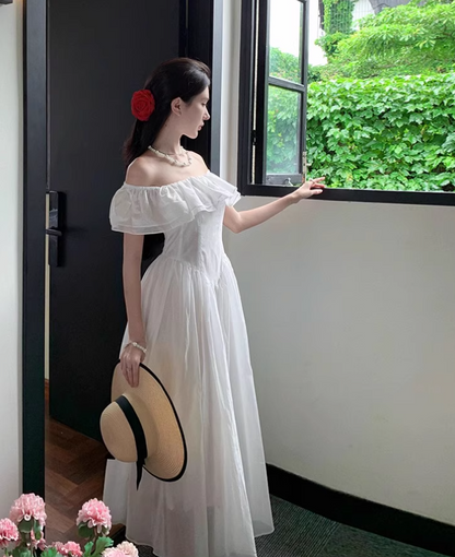 New Fashion Ruffled Trimmed Off-Shoulder Maxi Dress Strapless Minimalist Flowy Long Dress AP1138