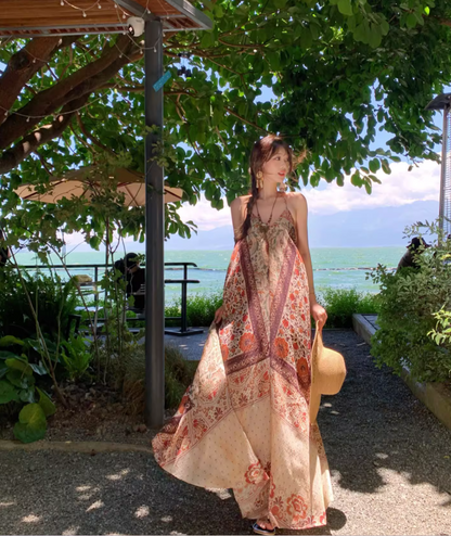 Retro V-Neck Floral Print Boho Style Maxi Dress Flowy Oversized A-Line Halter Dress AP1139