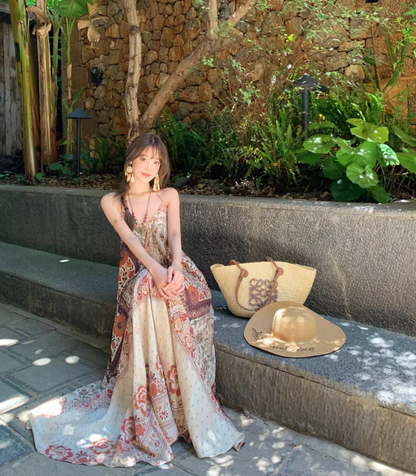 Retro V-Neck Floral Print Boho Style Maxi Dress Flowy Oversized A-Line Halter Dress AP1139