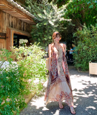 Retro V-Neck Floral Print Boho Style Maxi Dress Flowy Oversized A-Line Halter Dress AP1139