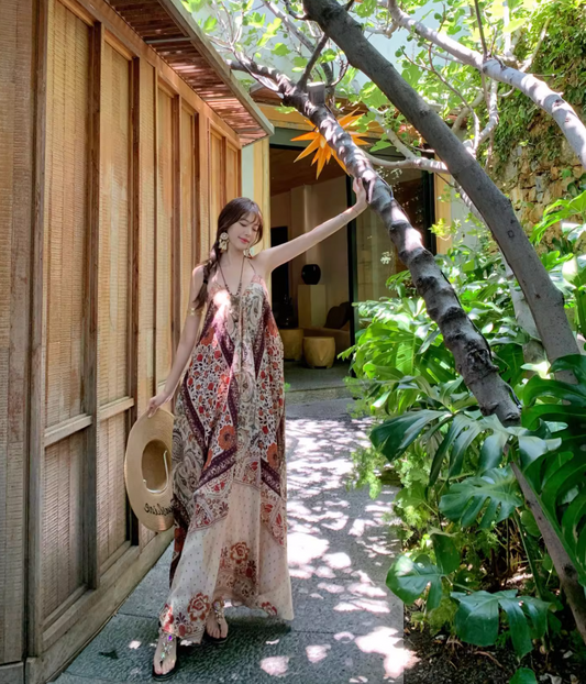 Retro V-Neck Floral Print Boho Style Maxi Dress Flowy Oversized A-Line Halter Dress AP1139