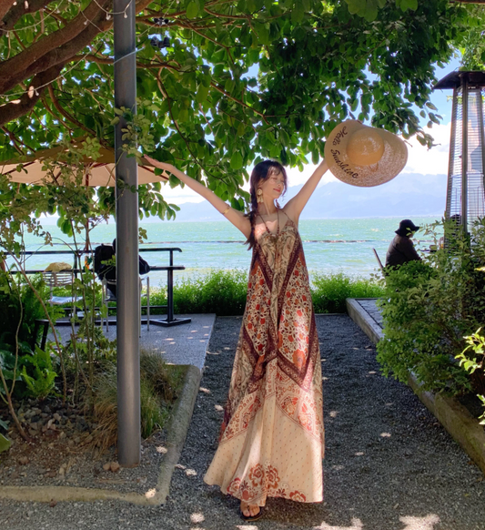 Retro V-Neck Floral Print Boho Style Maxi Dress Flowy Oversized A-Line Halter Dress AP1139