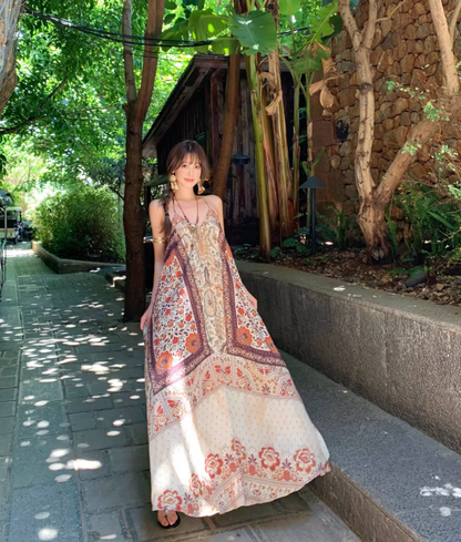 Retro V-Neck Floral Print Boho Style Maxi Dress Flowy Oversized A-Line Halter Dress AP1139