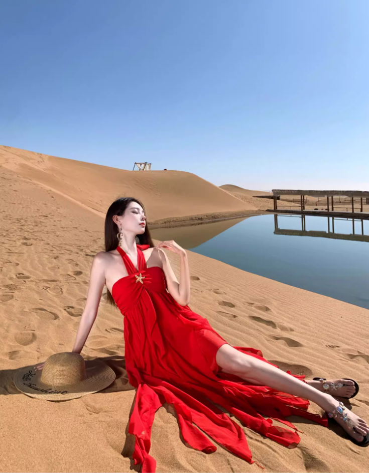 Vintage Desert Photoshoot Red Maxi Dress Flowy A-Line Flowy Ruffles Hem Halter Dress AP1140