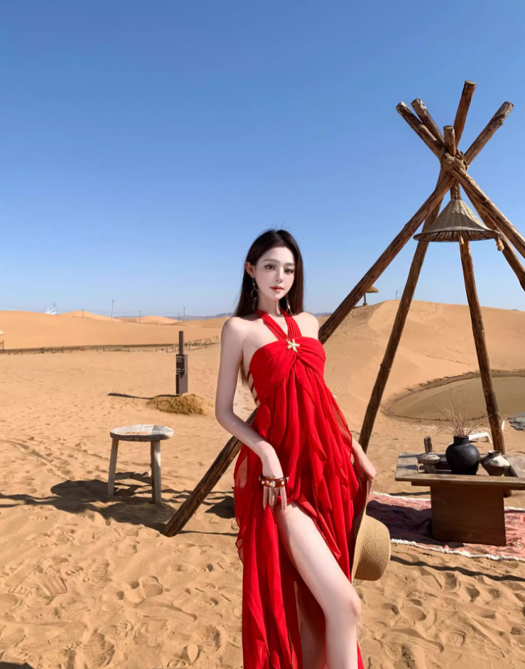 Vintage Desert Photoshoot Red Maxi Dress Flowy A-Line Flowy Ruffles Hem Halter Dress AP1140