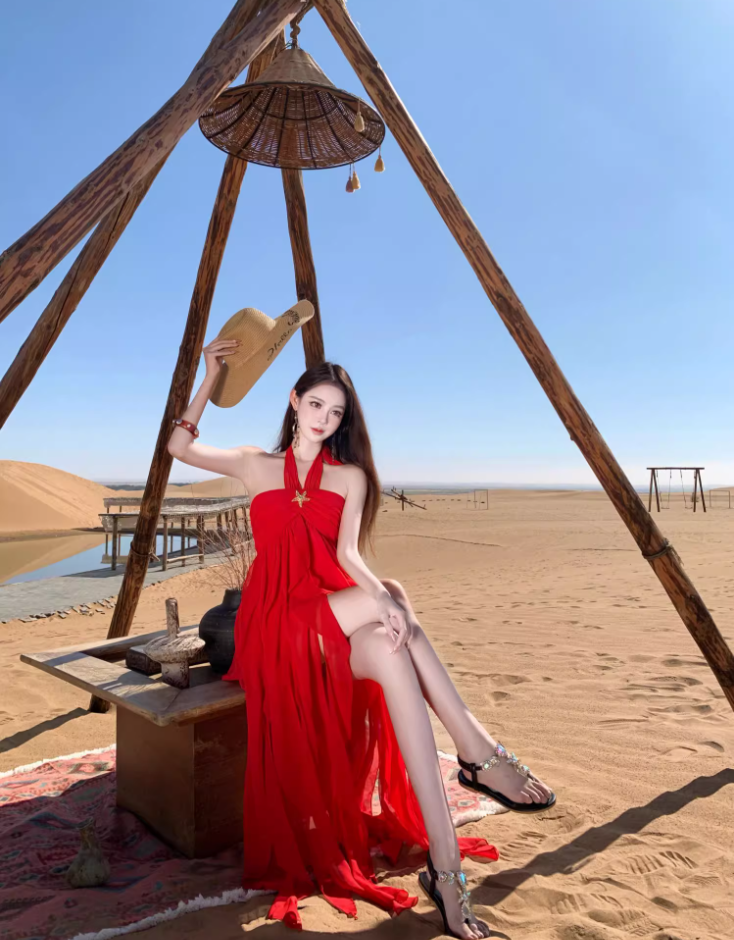 Vintage Desert Photoshoot Red Maxi Dress Flowy A-Line Flowy Ruffles Hem Halter Dress AP1140