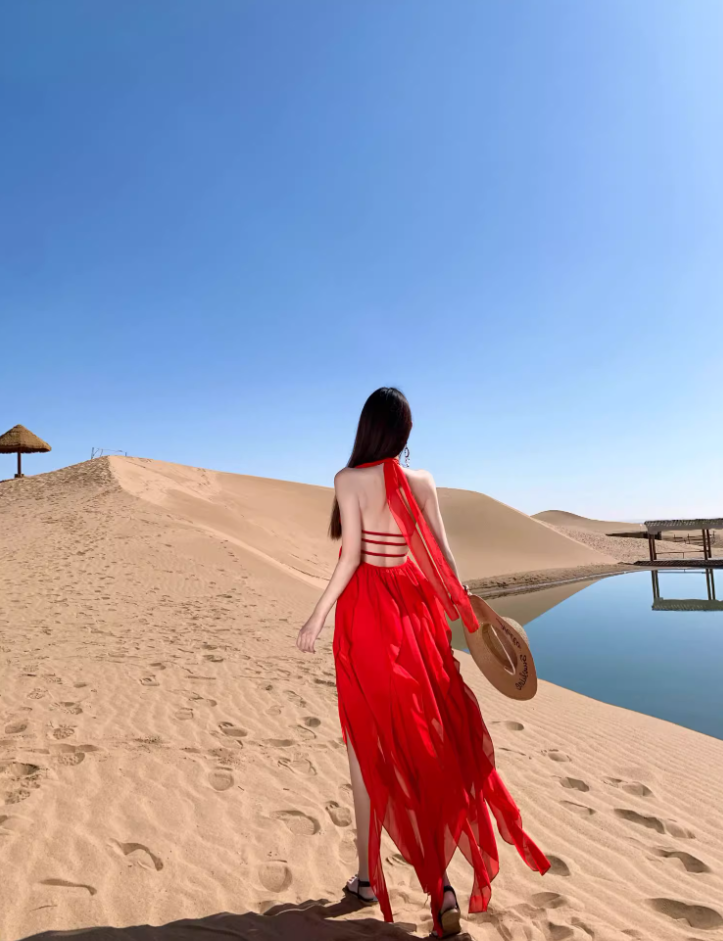 Vintage Desert Photoshoot Red Maxi Dress Flowy A-Line Flowy Ruffles Hem Halter Dress AP1140