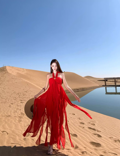 Vintage Desert Photoshoot Red Maxi Dress Flowy A-Line Flowy Ruffles Hem Halter Dress AP1140