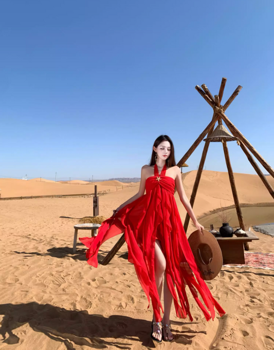 Vintage Desert Photoshoot Red Maxi Dress Flowy A-Line Flowy Ruffles Hem Halter Dress AP1140