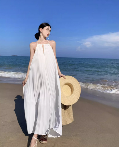 Ethereal Backless Hollow-Out Maxi Dress Flowy Oversize Pressed Pleat Halter Long Dress AP1141