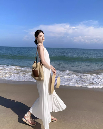 Ethereal Backless Hollow-Out Maxi Dress Flowy Oversize Pressed Pleat Halter Long Dress AP1141