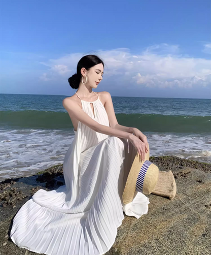 Ethereal Backless Hollow-Out Maxi Dress Flowy Oversize Pressed Pleat Halter Long Dress AP1141