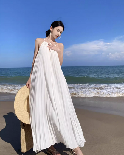 Ethereal Backless Hollow-Out Maxi Dress Flowy Oversize Pressed Pleat Halter Long Dress AP1141