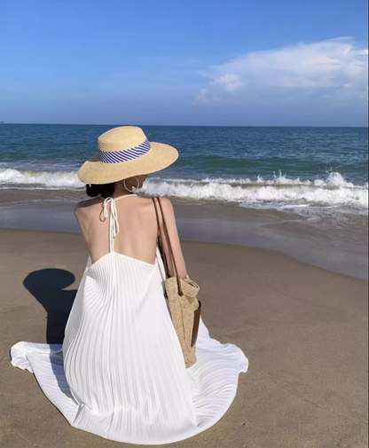 Ethereal Backless Hollow-Out Maxi Dress Flowy Oversize Pressed Pleat Halter Long Dress AP1141