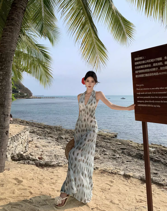 Hot Girls Y2K Backless Spot Print Maxi Dress Beach Vacation Soft Halter Long Dress AP1142