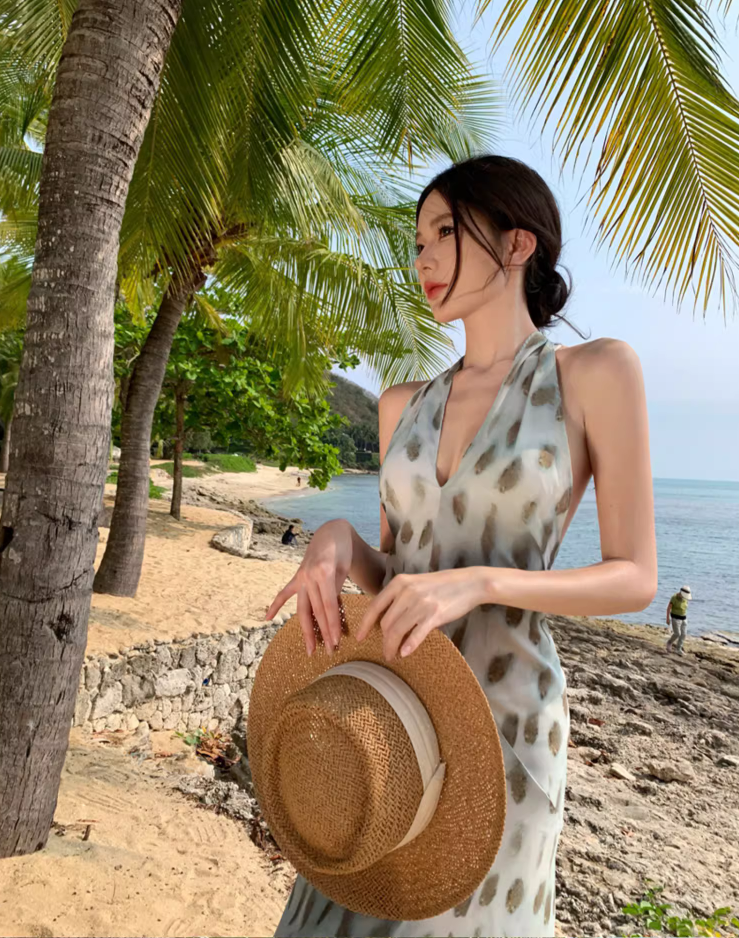 Hot Girls Y2K Backless Spot Print Maxi Dress Beach Vacation Soft Halter Long Dress AP1142
