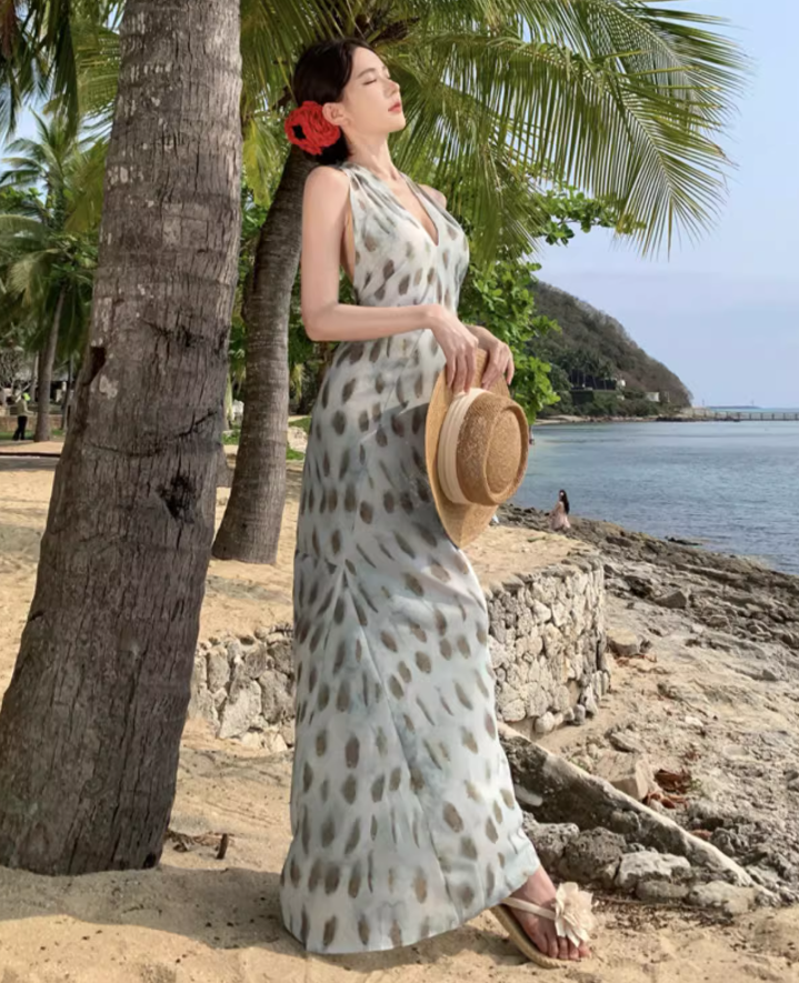 Hot Girls Y2K Backless Spot Print Maxi Dress Beach Vacation Soft Halter Long Dress AP1142