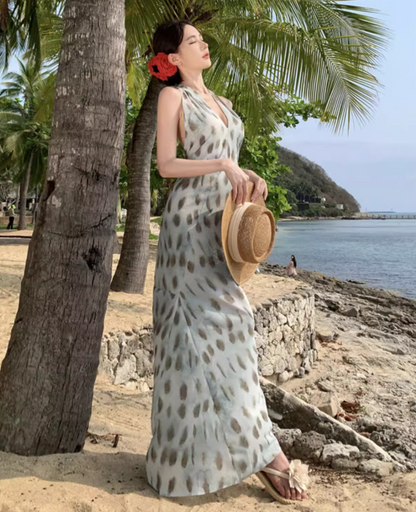 Hot Girls Y2K Backless Spot Print Maxi Dress Beach Vacation Soft Halter Long Dress AP1142