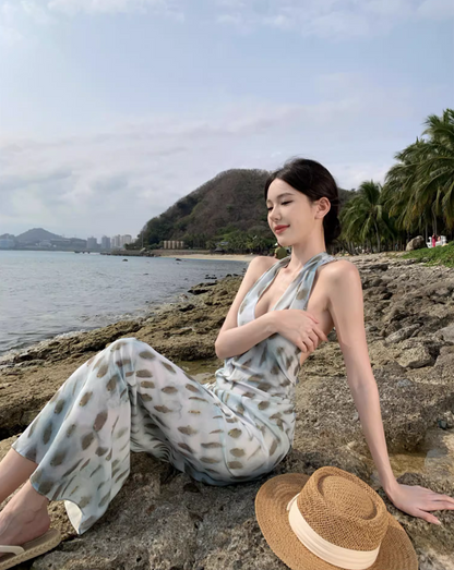 Hot Girls Y2K Backless Spot Print Maxi Dress Beach Vacation Soft Halter Long Dress AP1142