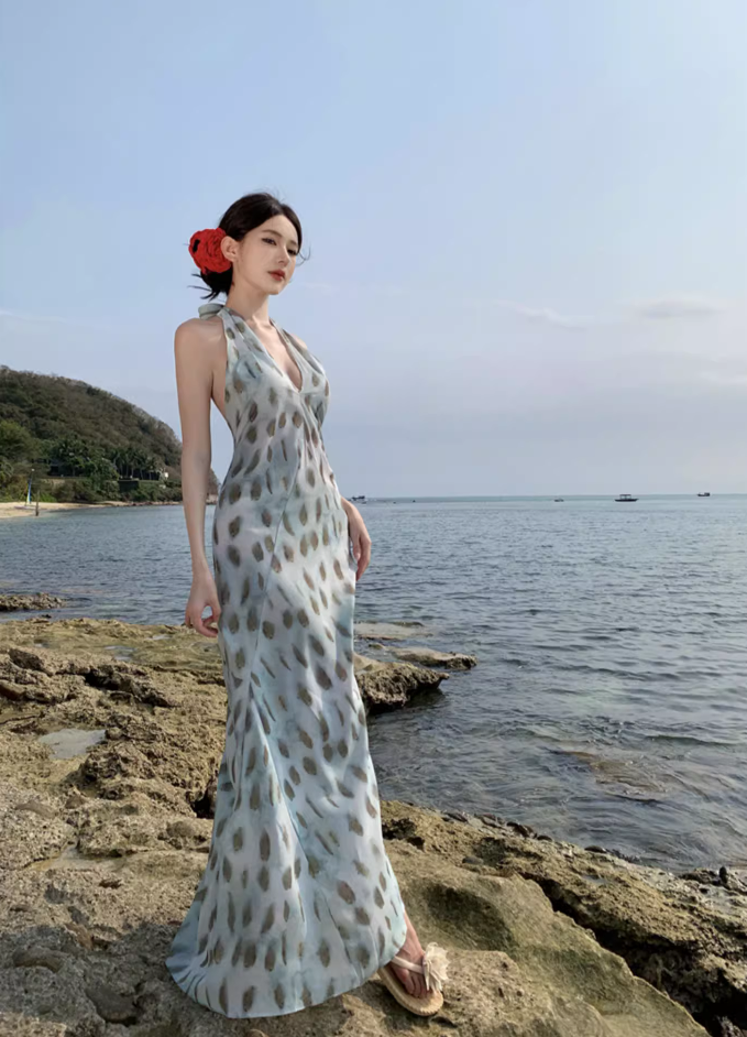 Hot Girls Y2K Backless Spot Print Maxi Dress Beach Vacation Soft Halter Long Dress AP1142