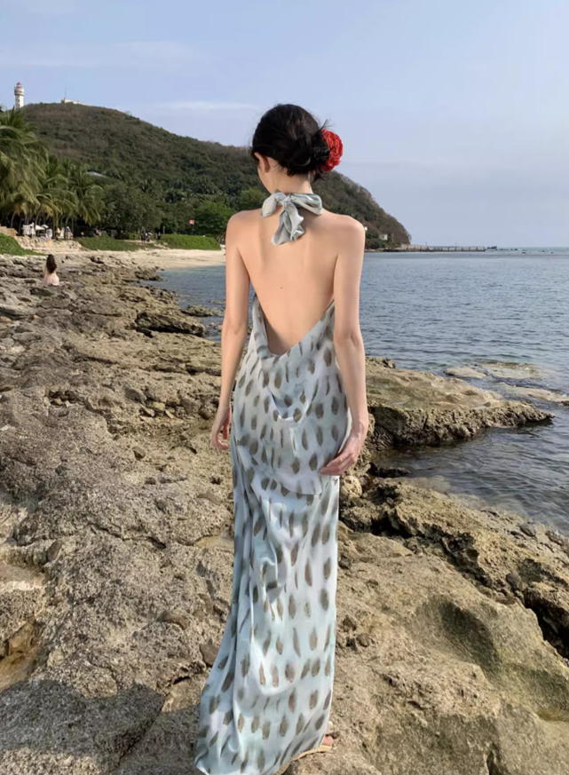 Hot Girls Y2K Backless Spot Print Maxi Dress Beach Vacation Soft Halter Long Dress AP1142
