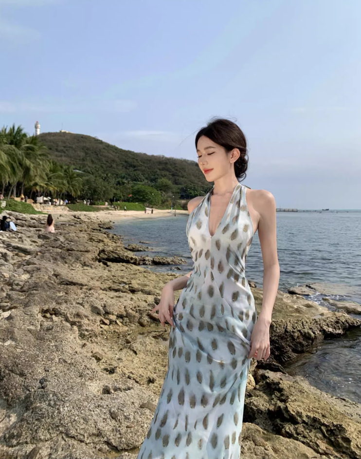 Hot Girls Y2K Backless Spot Print Maxi Dress Beach Vacation Soft Halter Long Dress AP1142