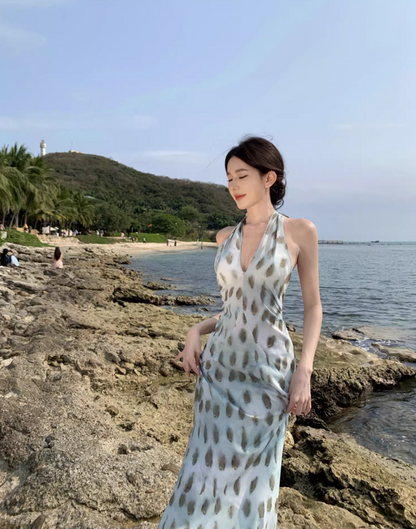Hot Girls Y2K Backless Spot Print Maxi Dress Beach Vacation Soft Halter Long Dress AP1142