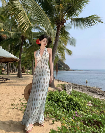 Hot Girls Y2K Backless Spot Print Maxi Dress Beach Vacation Soft Halter Long Dress AP1142