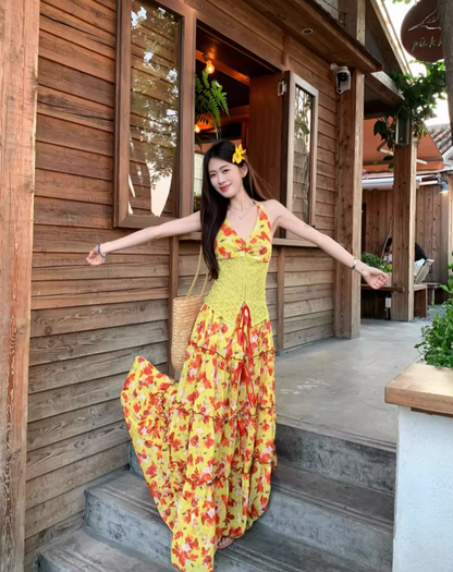 Vibrant Lace Splicing Vest Floral Printed Maxi Dress Vacation Two-Piece Set Halter Long Dress AP1143