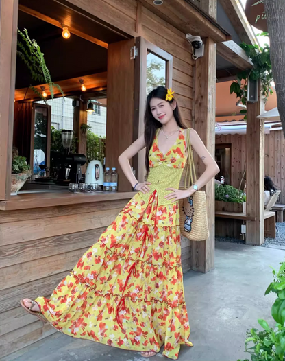 Vibrant Lace Splicing Vest Floral Printed Maxi Dress Vacation Two-Piece Set Halter Long Dress AP1143