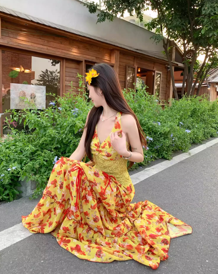 Vibrant Lace Splicing Vest Floral Printed Maxi Dress Vacation Two-Piece Set Halter Long Dress AP1143