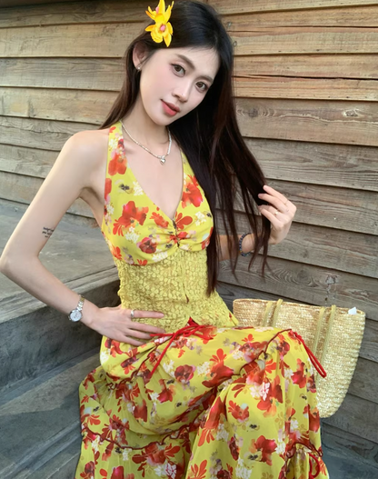 Vibrant Lace Splicing Vest Floral Printed Maxi Dress Vacation Two-Piece Set Halter Long Dress AP1143