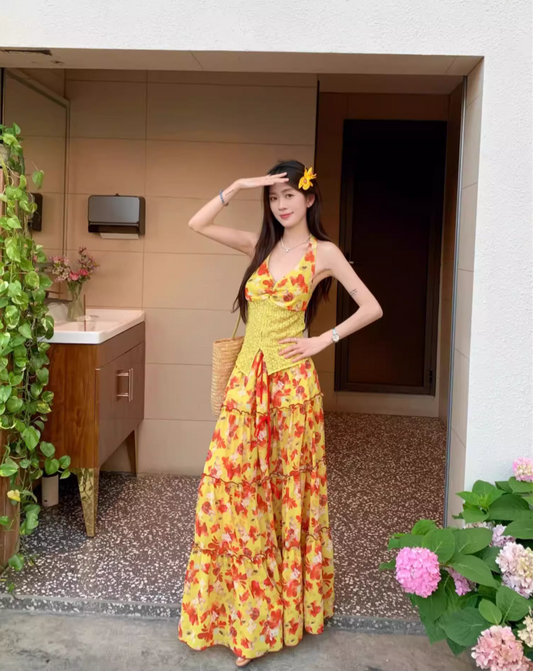Vibrant Lace Splicing Vest Floral Printed Maxi Dress Vacation Two-Piece Set Halter Long Dress AP1143