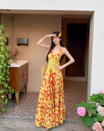 Vibrant Lace Splicing Vest Floral Printed Maxi Dress Vacation Two-Piece Set Halter Long Dress AP1143