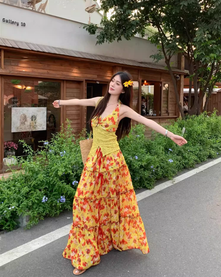 Vibrant Lace Splicing Vest Floral Printed Maxi Dress Vacation Two-Piece Set Halter Long Dress AP1143