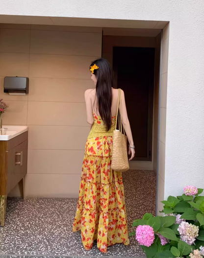 Vibrant Lace Splicing Vest Floral Printed Maxi Dress Vacation Two-Piece Set Halter Long Dress AP1143