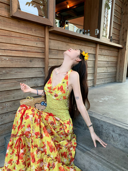 Vibrant Lace Splicing Vest Floral Printed Maxi Dress Vacation Two-Piece Set Halter Long Dress AP1143