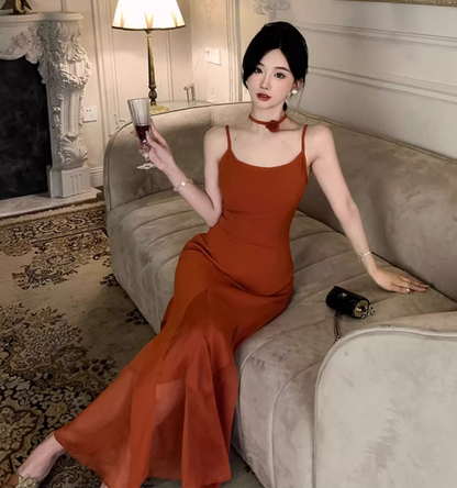 Graceful Tulle Overlay Sheath Maxi Dress Flowy Spaghetti Strap Everyday Wear Long Dress AP1144