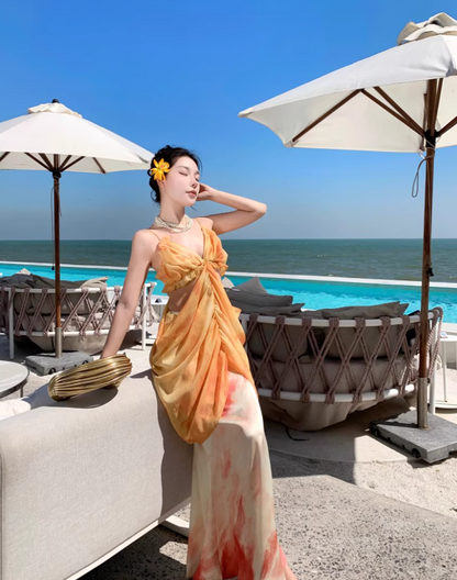 Ethereal Ruffles Asymmetric Drape Maxi Dress Two-Piece Set Cutout Waist Long Dress AP1145