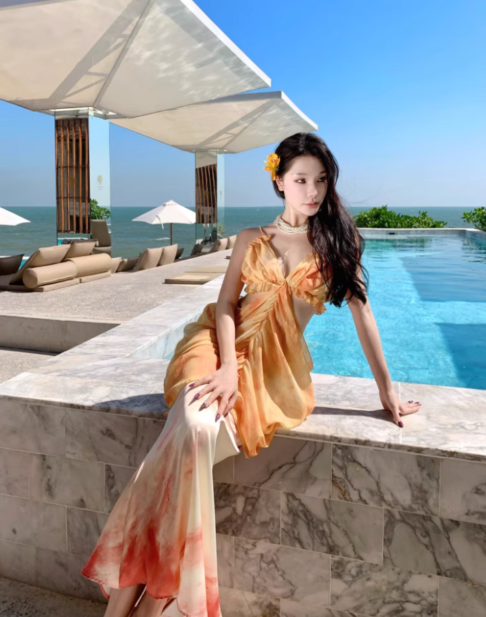 Ethereal Ruffles Asymmetric Drape Maxi Dress Two-Piece Set Cutout Waist Long Dress AP1145