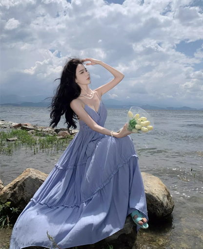 French Style Beach Getaways Ruffled Maxi Dress V-Neck Loose Style Long Dress AP1146