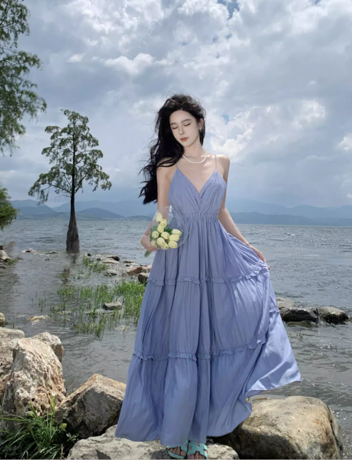 French Style Beach Getaways Ruffled Maxi Dress V-Neck Loose Style Long Dress AP1146