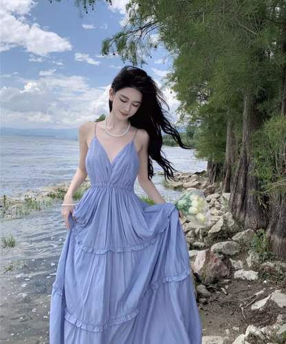 French Style Beach Getaways Ruffled Maxi Dress V-Neck Loose Style Long Dress AP1146